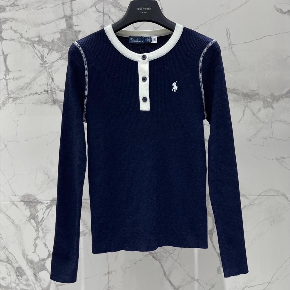 Ralph Lauren Navy Henley Sweater with White Trim